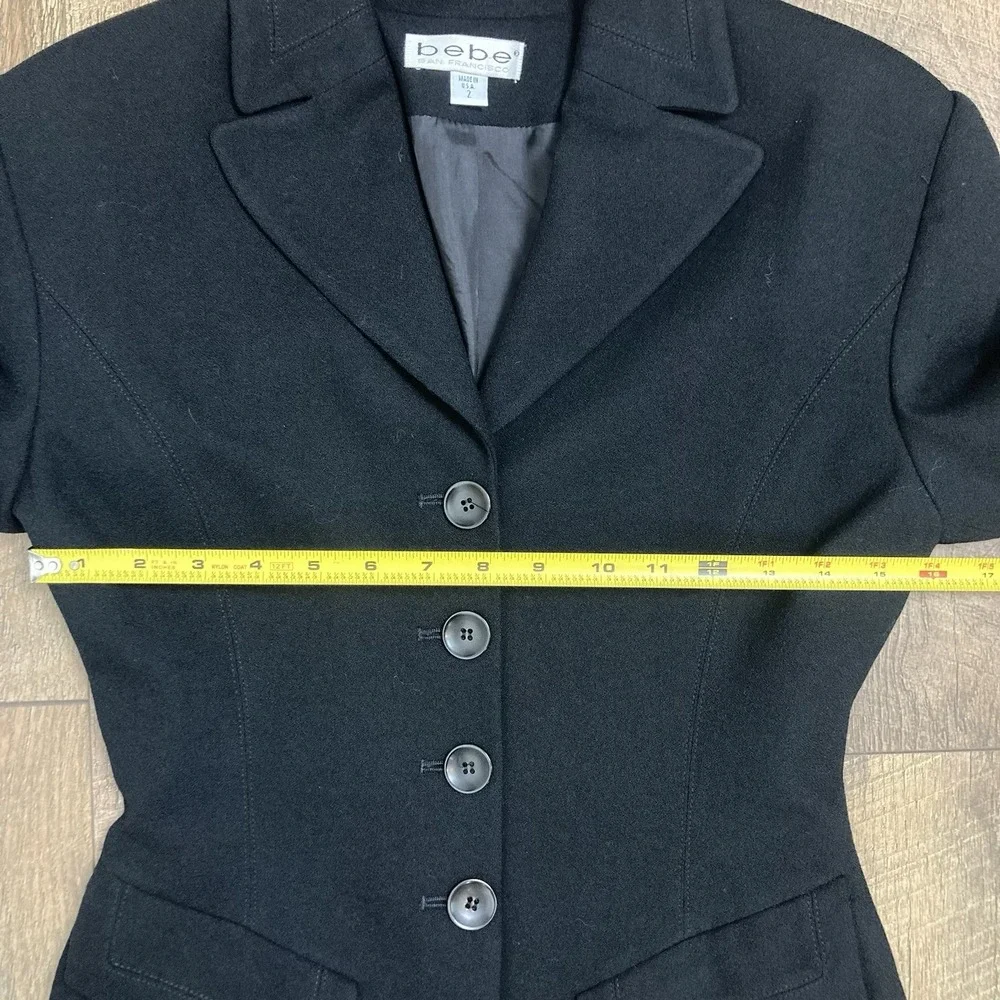 Vintage BEBE Black Wool Blazer Jacket Fitted 4-Button Size 2 Made in USA 90s Y2K